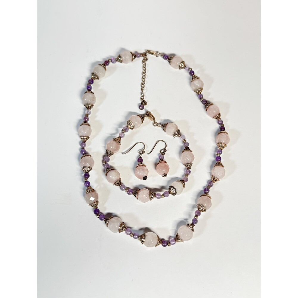 Rose Quartz Amethyst Sterling Silver Jewelry Set Necklace Bracelet Earrings 925